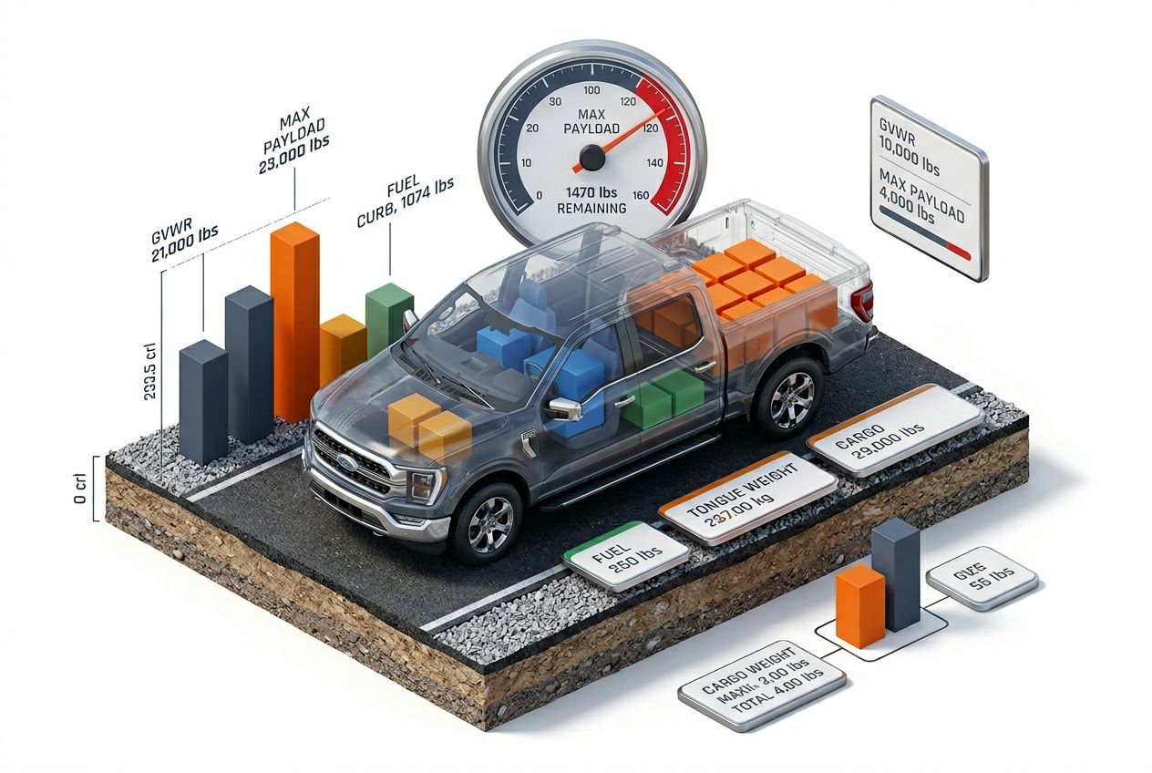 3D payload capacity visualization for 2021 Ford F150 showing weight distribution and remaining capacity