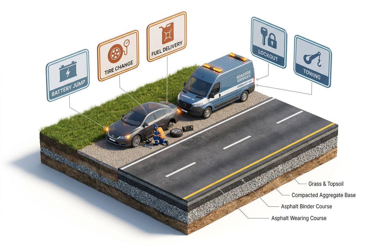 AAA roadside assistance services overview showing towing, jump start, tire change, and fuel delivery costs