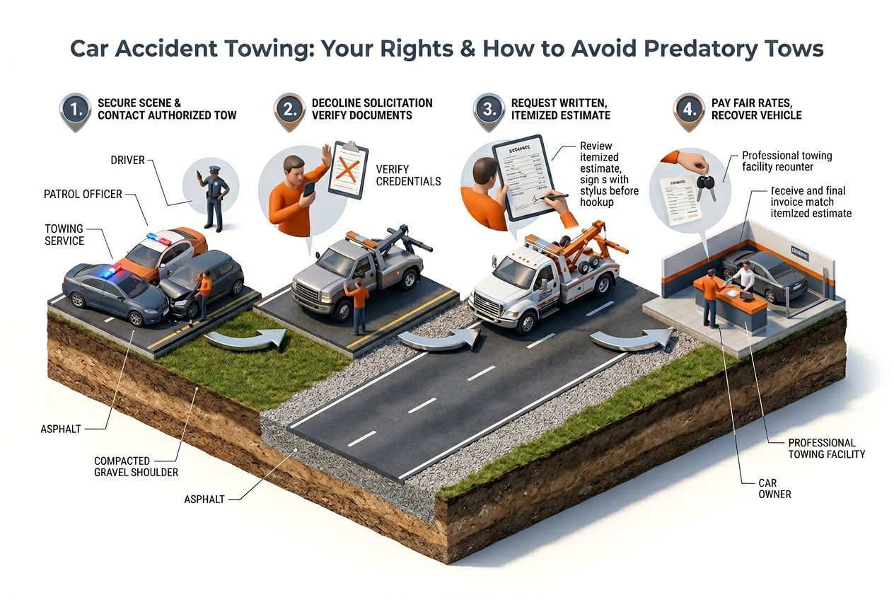 3D step-by-step process visualization for car accident towing: your rights & how to avoid predatory tows