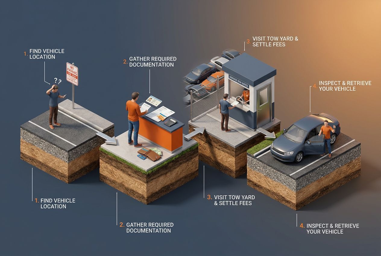 3D step-by-step process visualization for car got towed? step-by-step guide to getting it back
