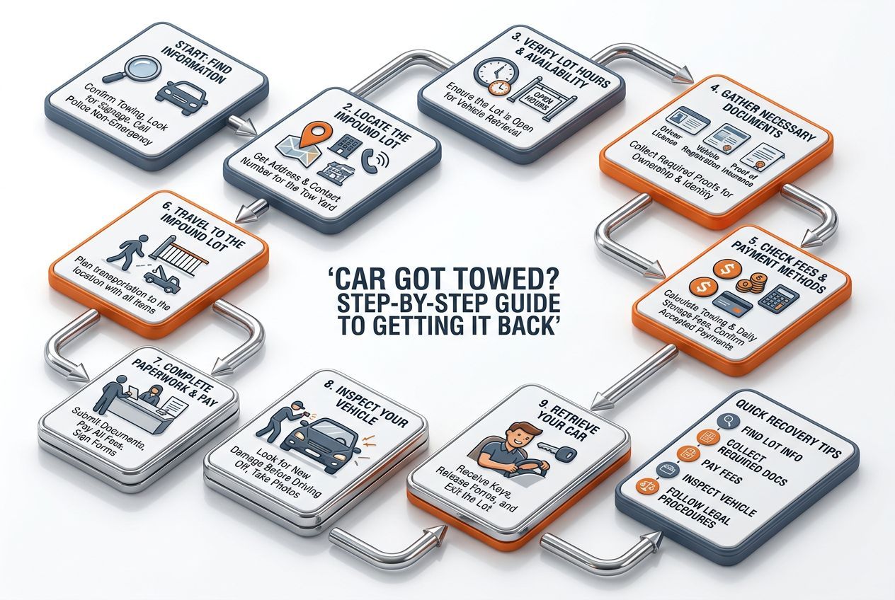 3D flowchart of practical tips and decisions for car got towed? step-by-step guide to getting it back