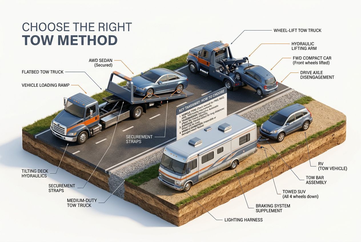3D isometric overview diagram for how to choose the right tow method for your vehicle