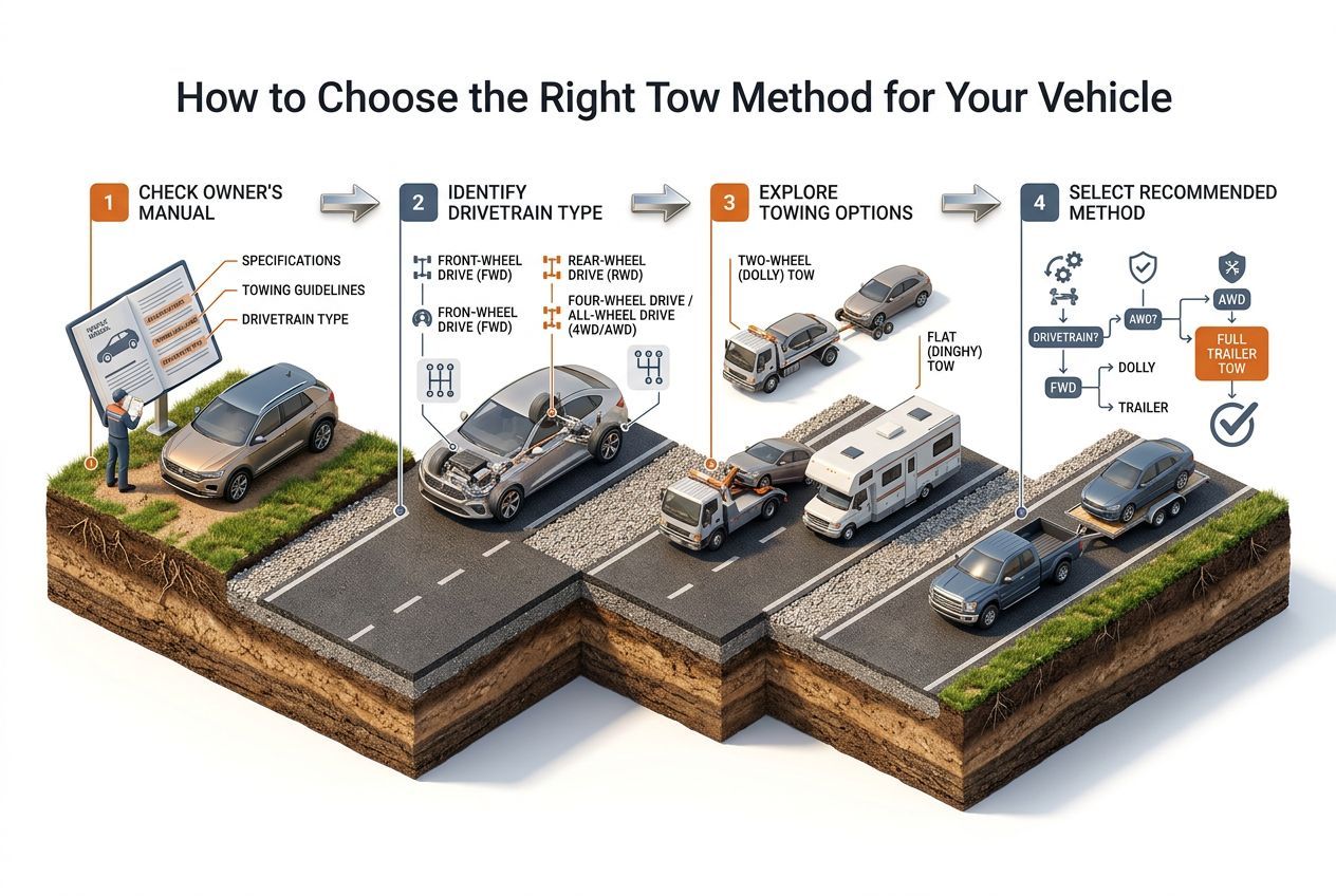 3D step-by-step process visualization for how to choose the right tow method for your vehicle