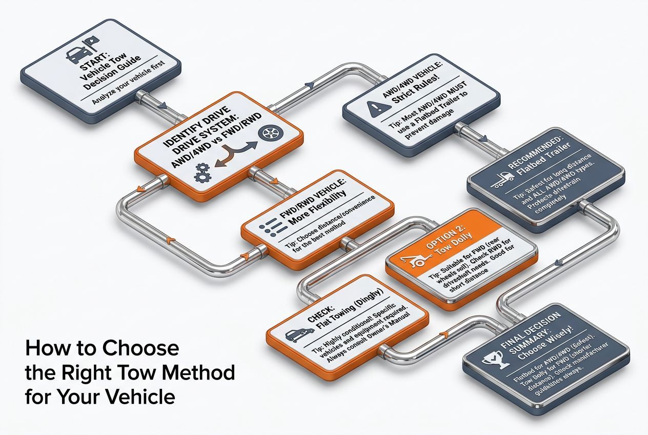 3D flowchart of practical tips and decisions for how to choose the right tow method for your vehicle