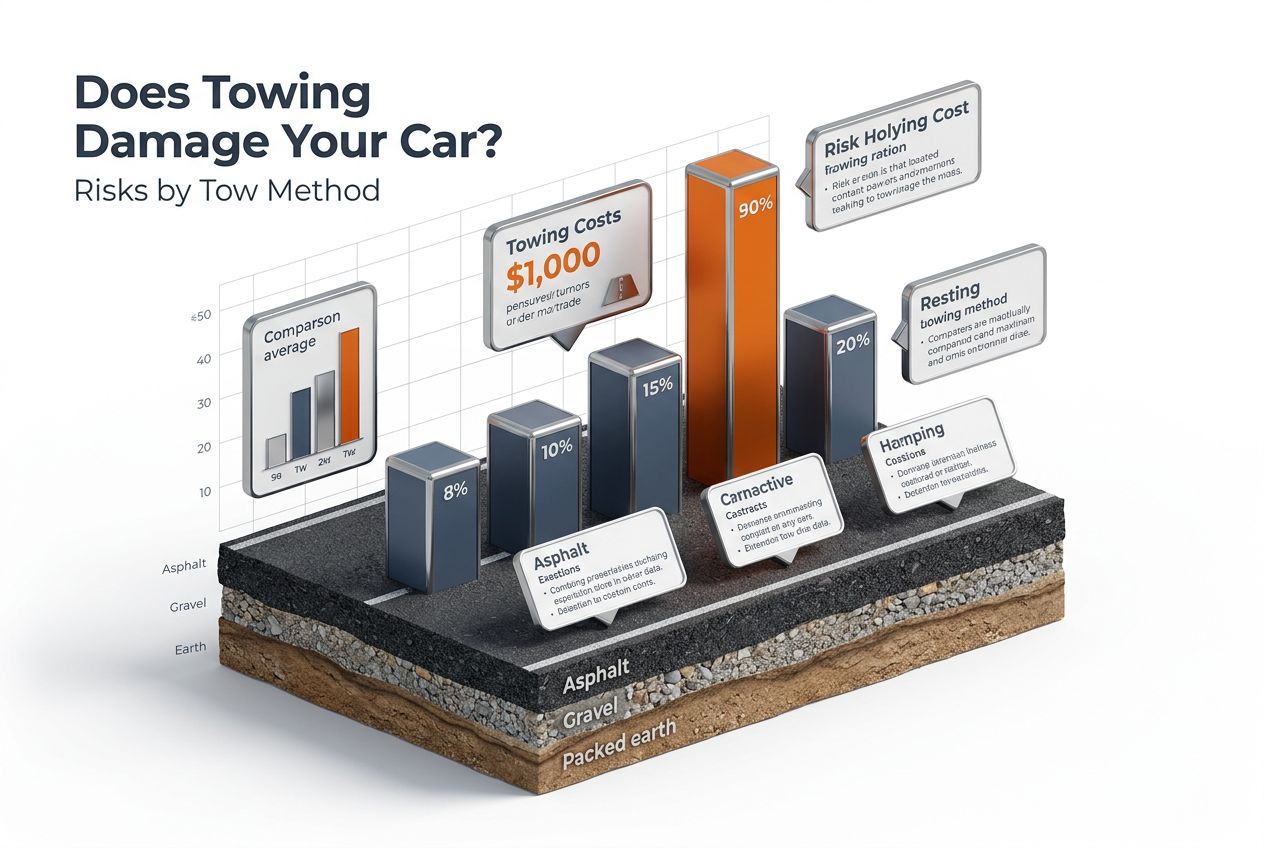 3D data visualization showing key figures for does towing damage your car? risks by tow method