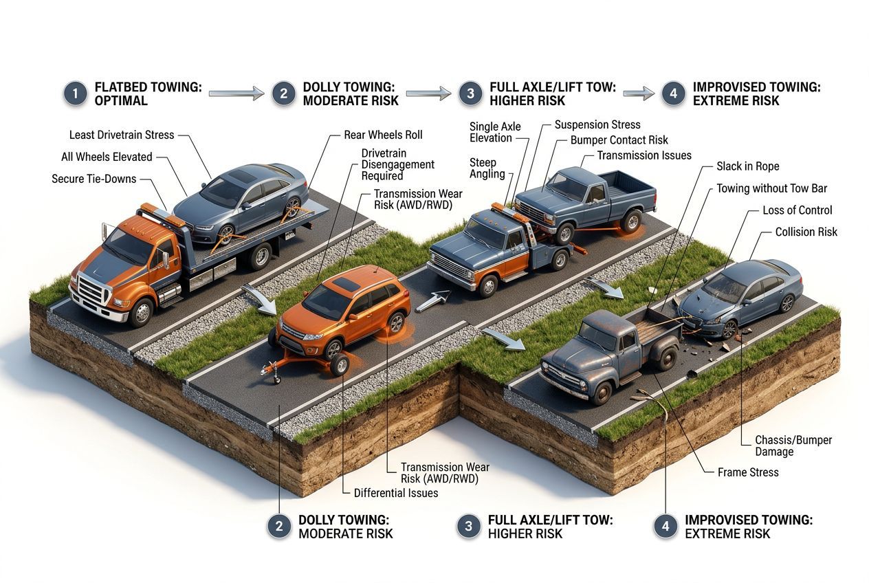 3D step-by-step process visualization for does towing damage your car? risks by tow method