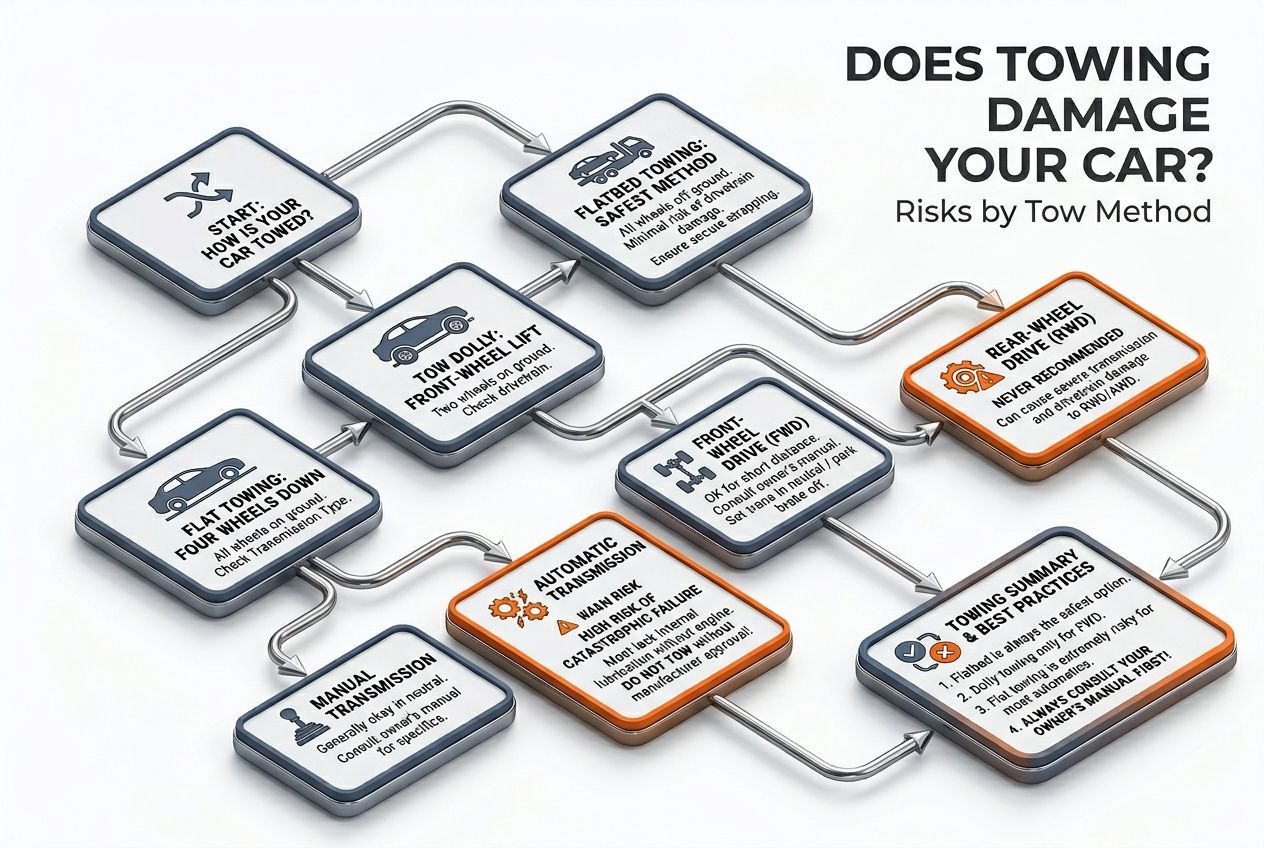 3D flowchart of practical tips and decisions for does towing damage your car? risks by tow method