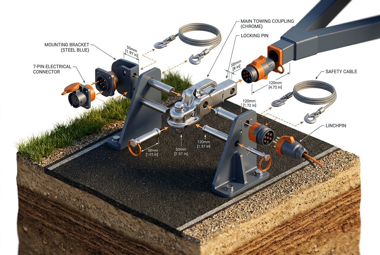 3D exploded view of towing connection hardware and assembly