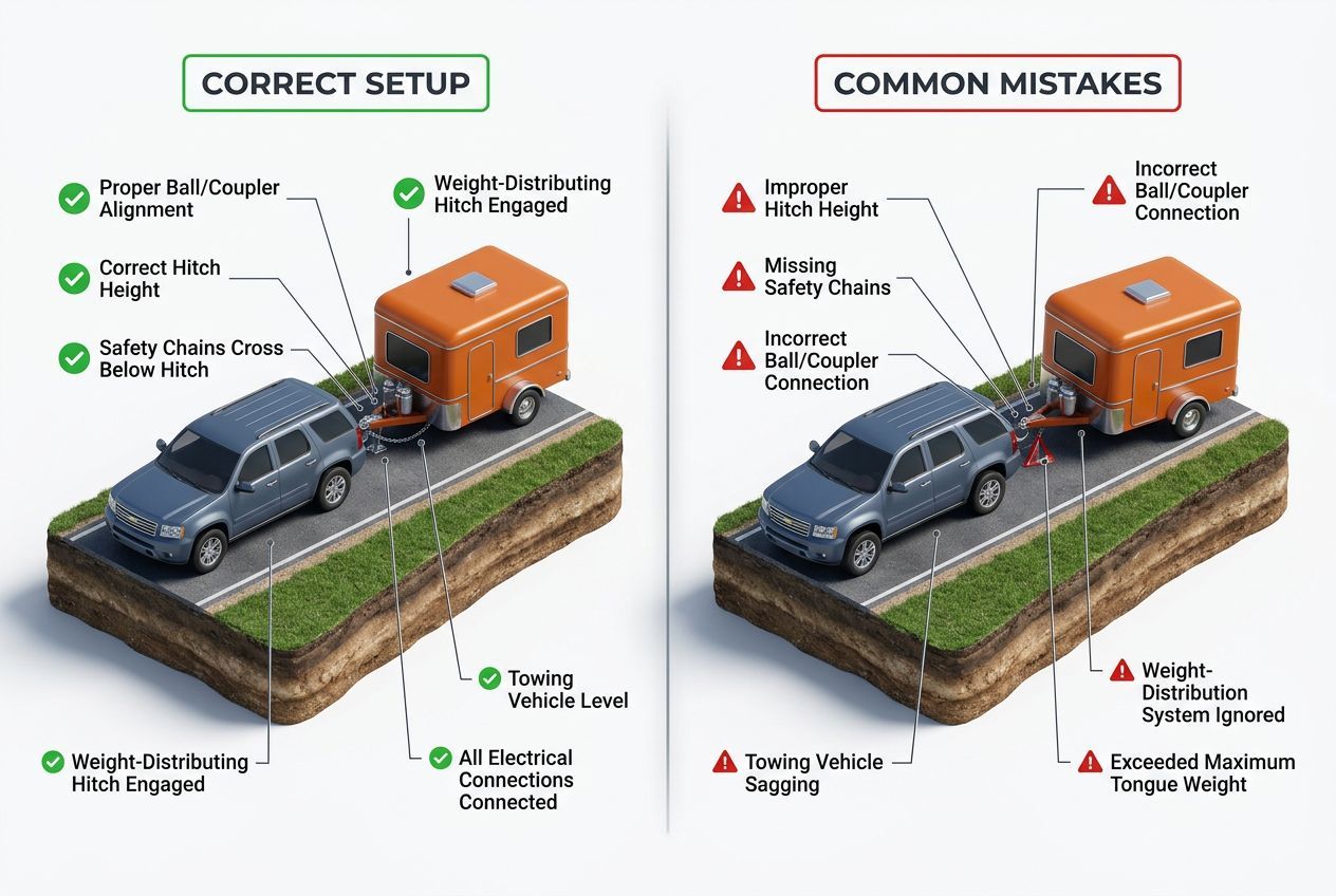 3D comparison of correct towing setup versus common mistakes