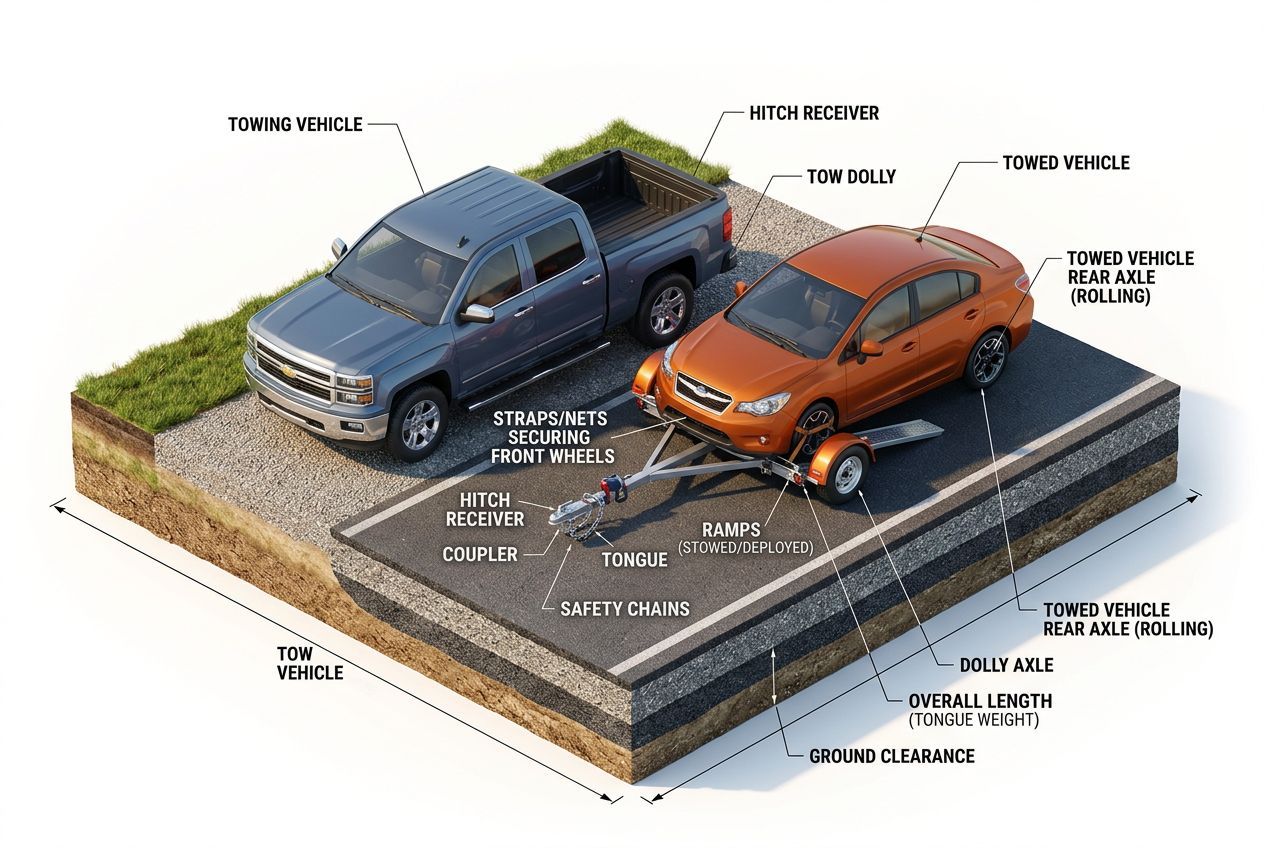 3D isometric diagram showing the tow dolly guide setup with labeled components