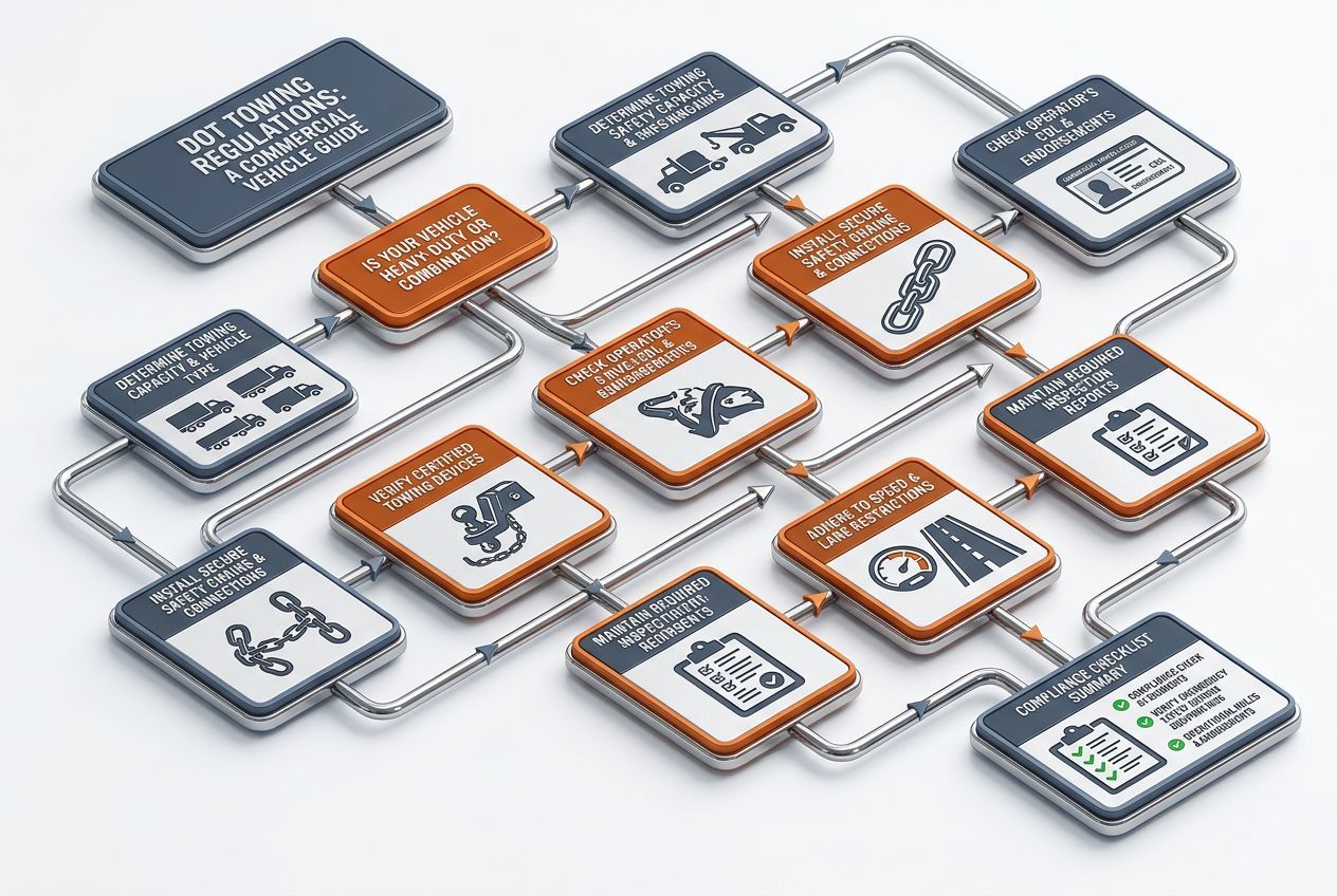 3D flowchart of practical tips and decisions for dot towing regulations for commercial vehicles