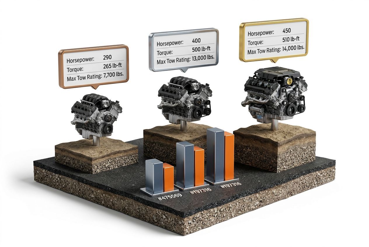 3D data visualization comparing F150 engine options and towing capacities