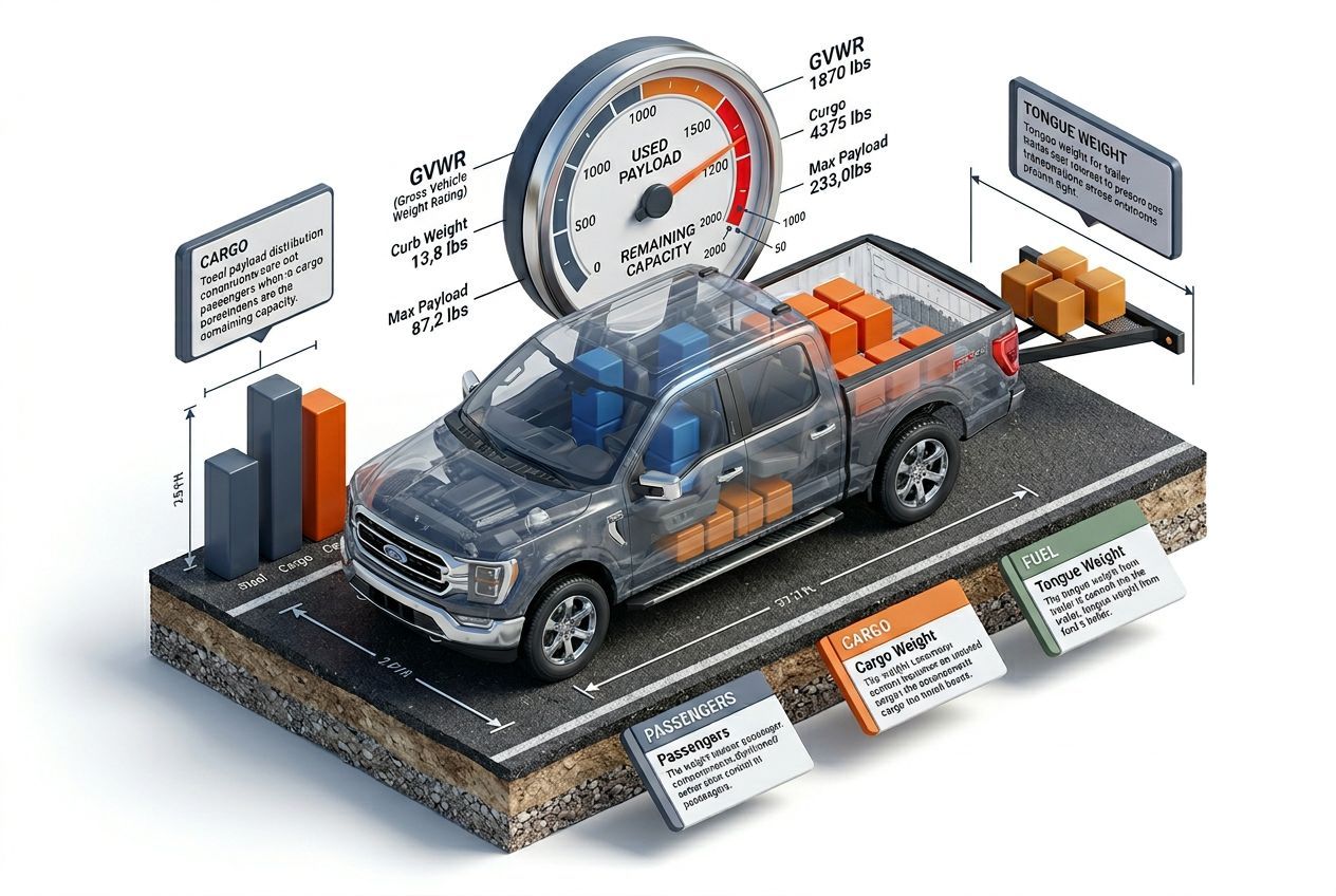 3D payload capacity visualization for F150 showing weight distribution and remaining capacity