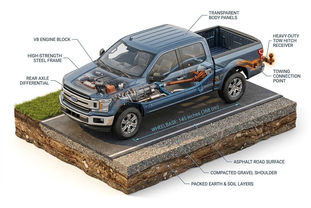 3D isometric cutaway of F150 showing engine, frame, and tow hitch components