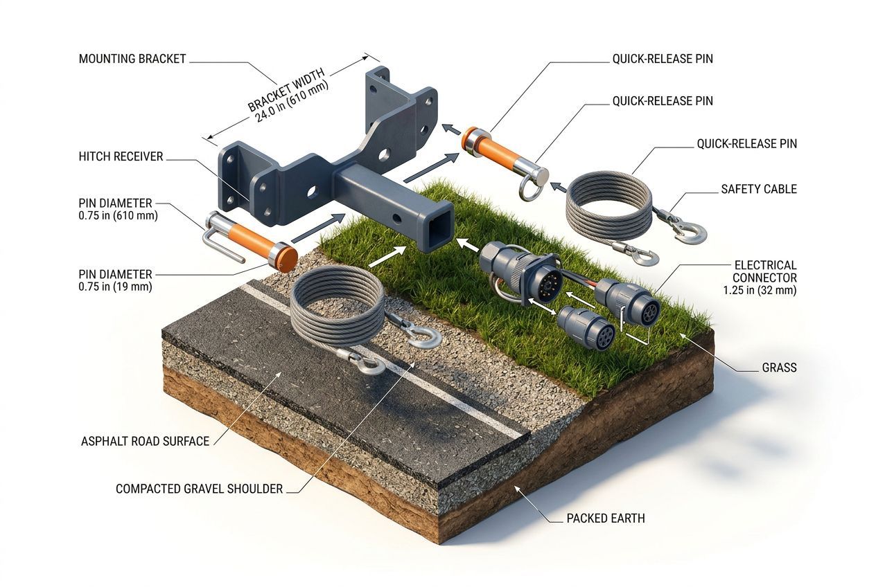 3D exploded view of towing connection hardware and assembly