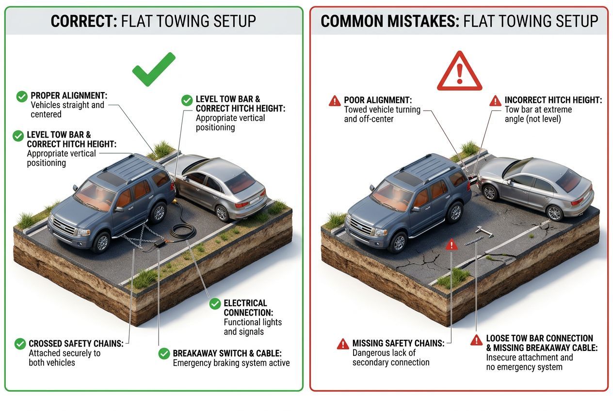 3D comparison of correct towing setup versus common mistakes
