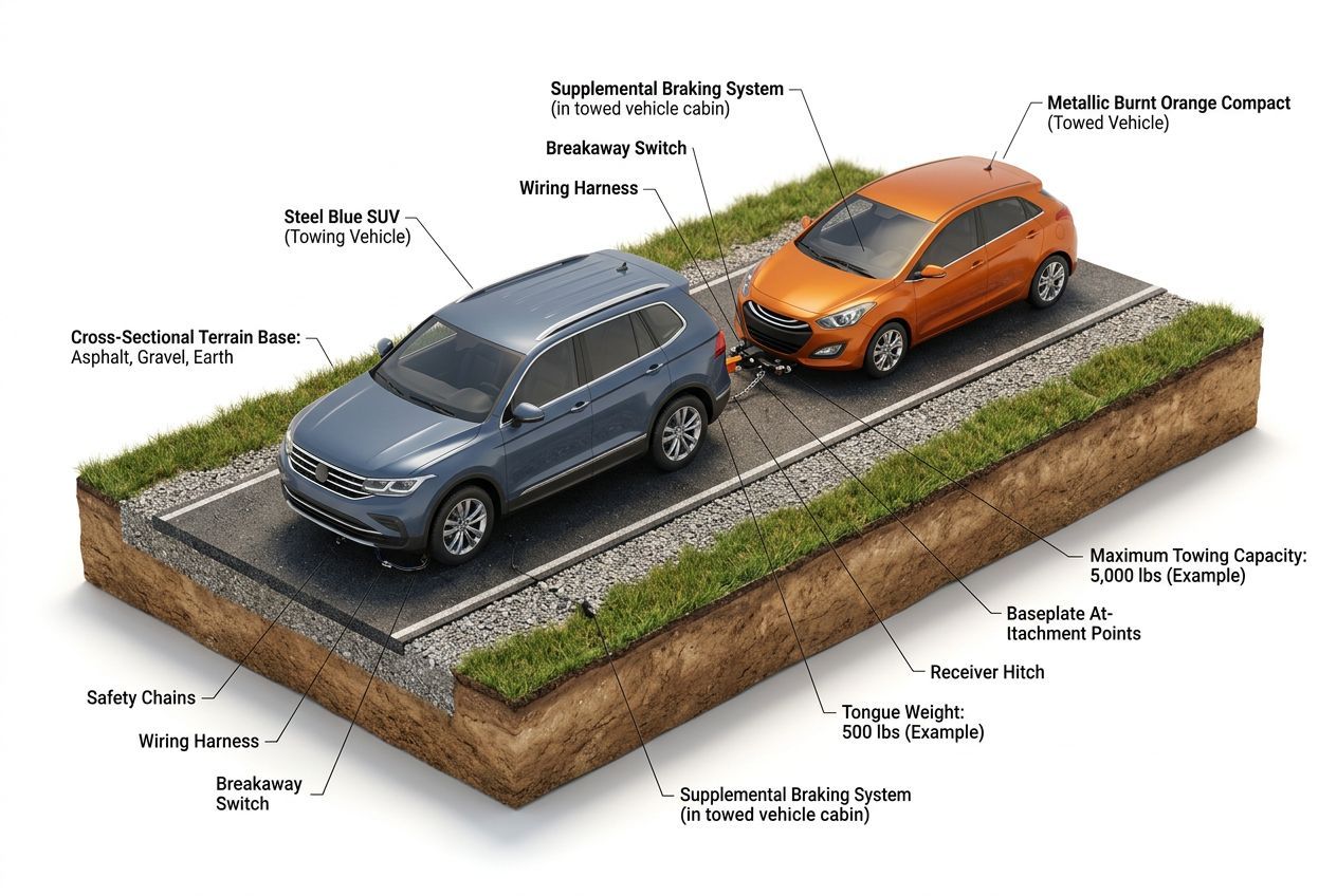 3D isometric diagram showing the flat tow compatible vehicles setup with labeled components