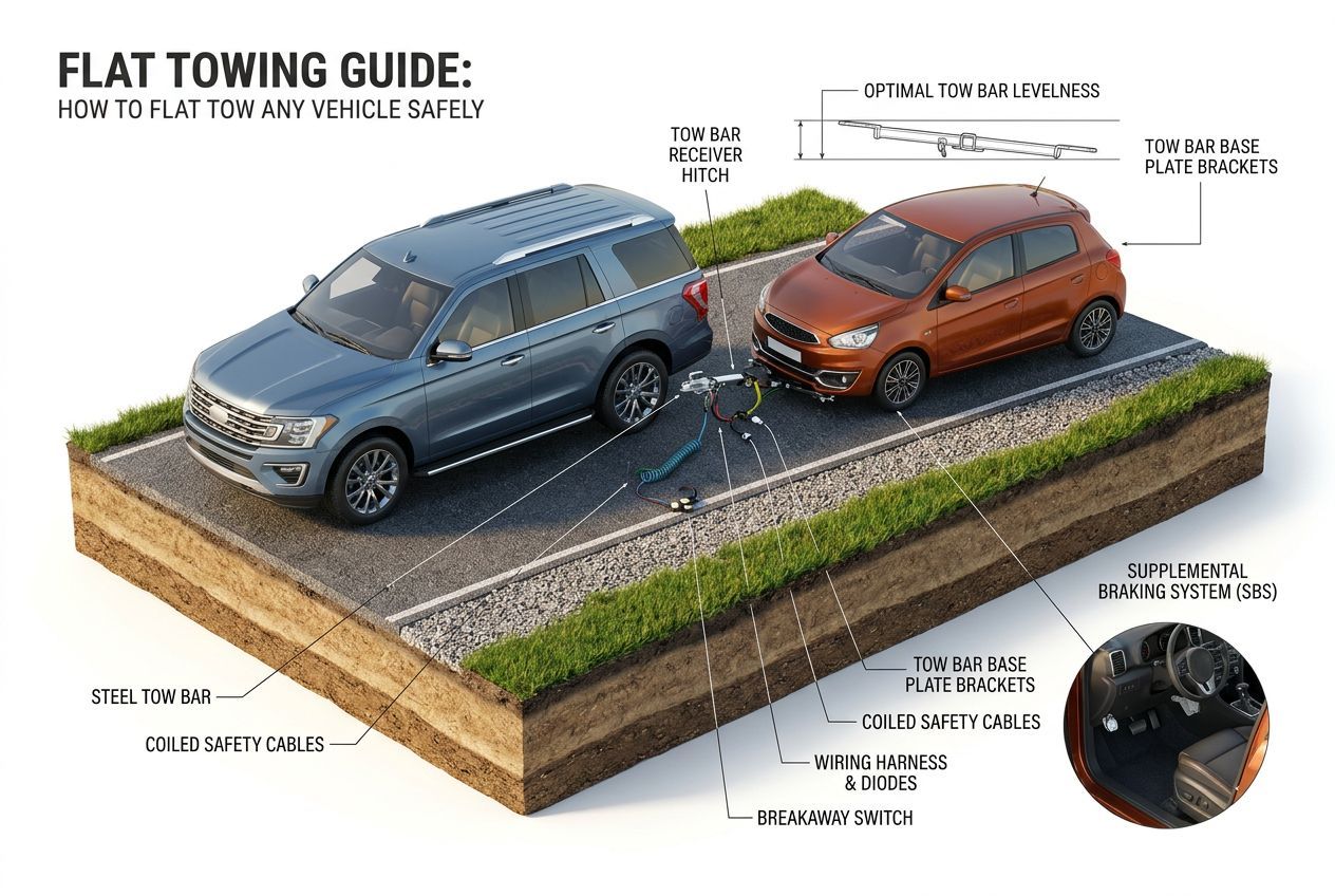 3D isometric diagram showing the flat towing guide setup with labeled components