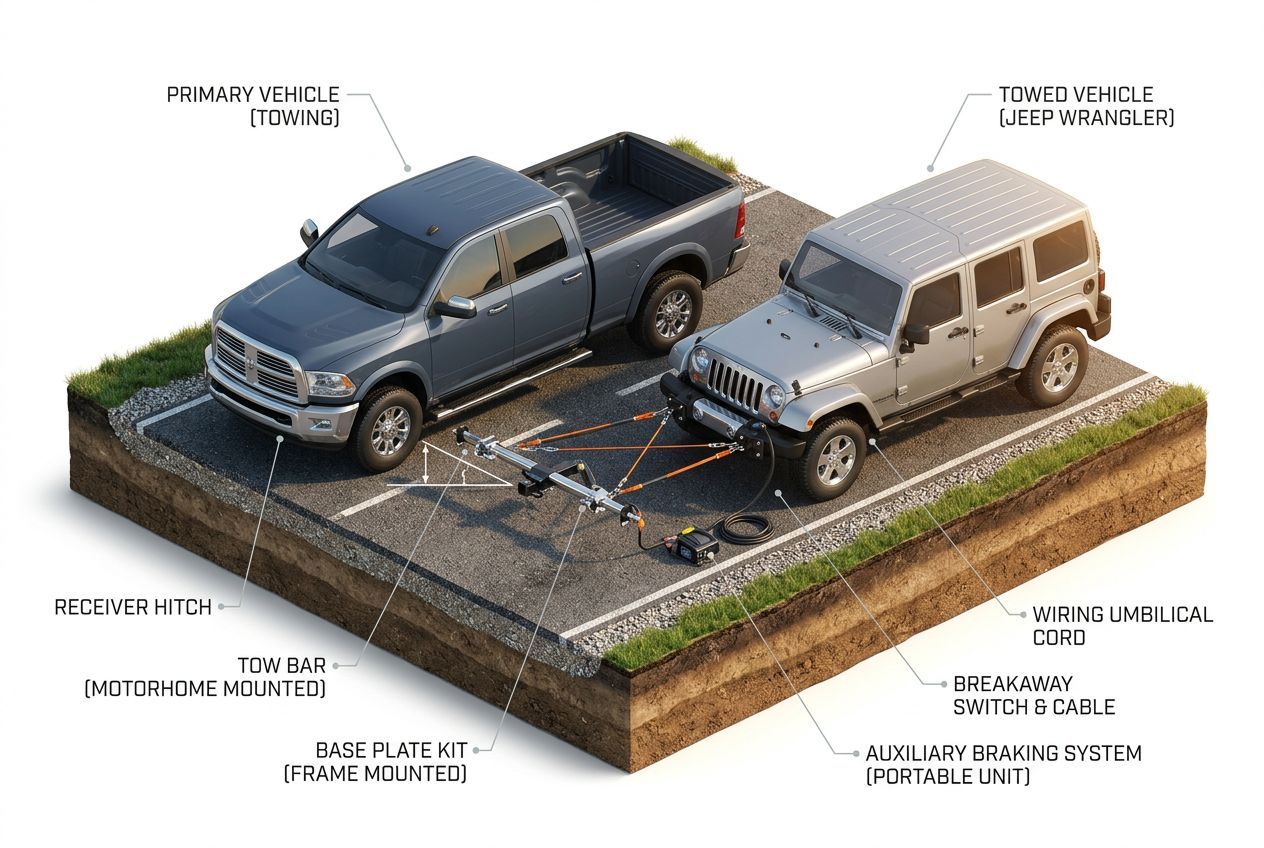 3D isometric diagram showing the how to flat tow a jeep wrangler (step-by-step) setup with labeled components