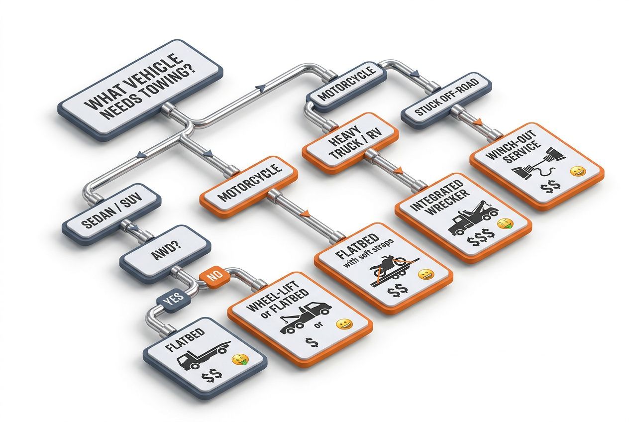 3D decision flowchart for selecting the appropriate tow truck type