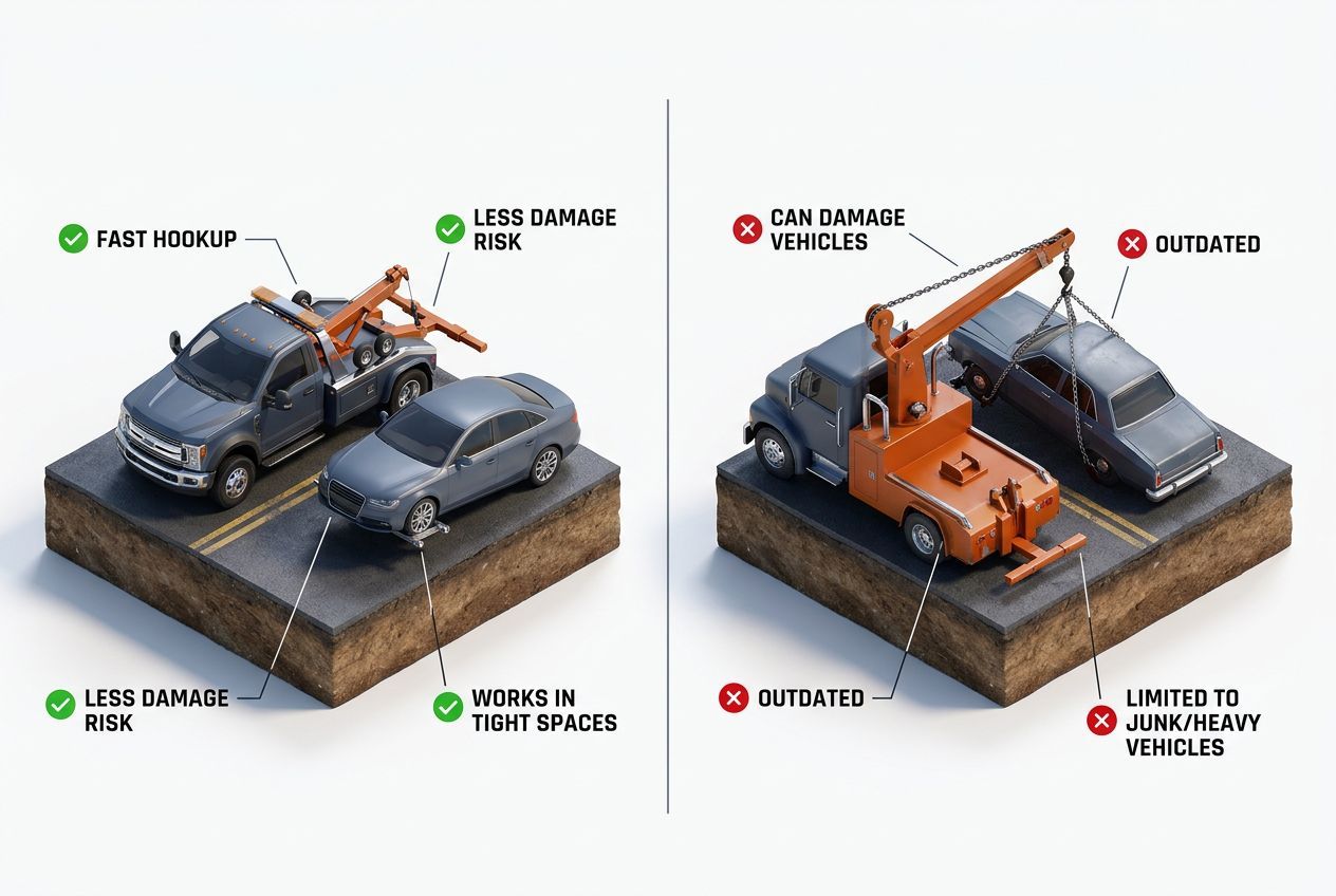 3D comparison of modern wheel-lift versus traditional hook-and-chain towing methods