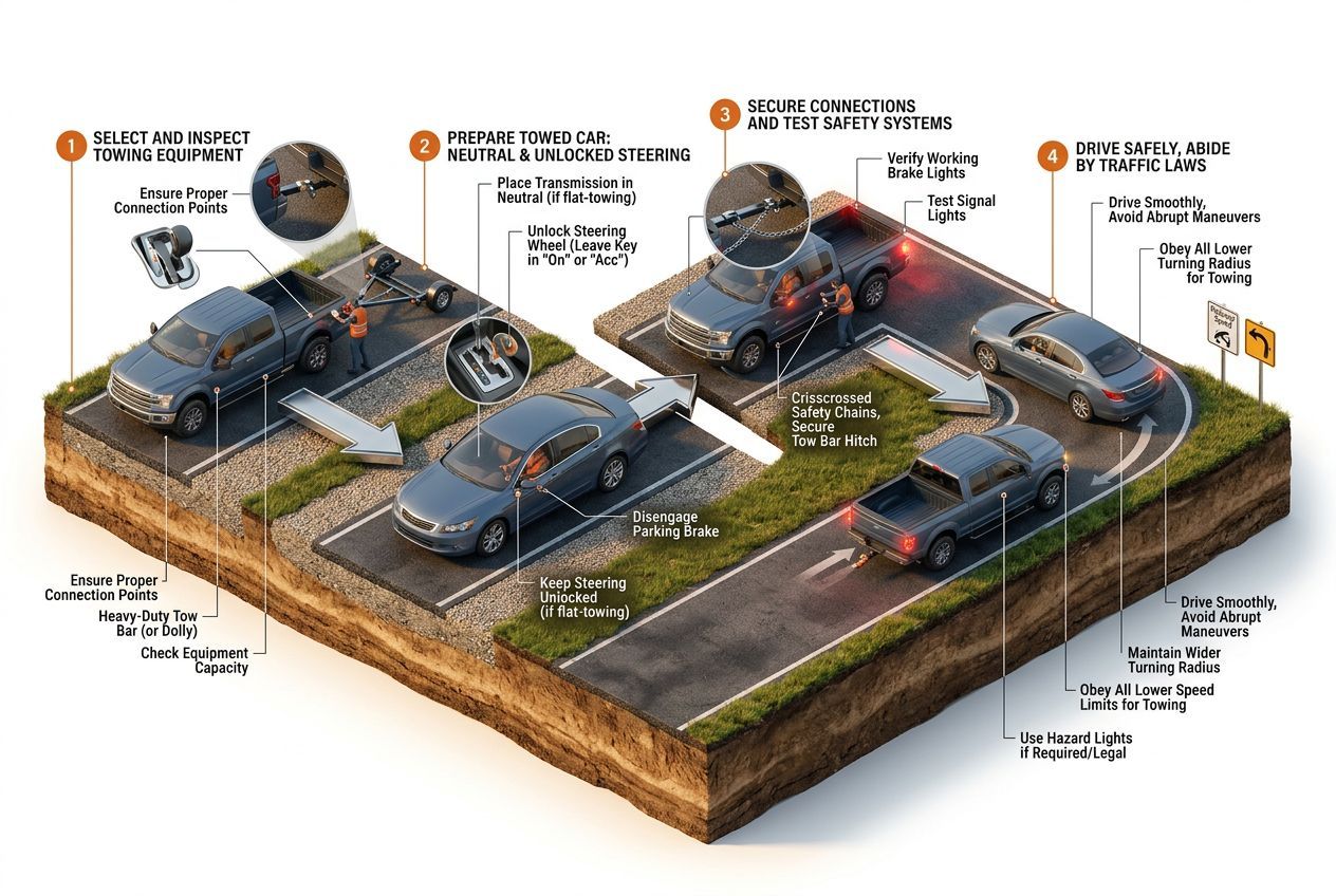 3D step-by-step process visualization for how to tow a car with a truck (safely & legally)