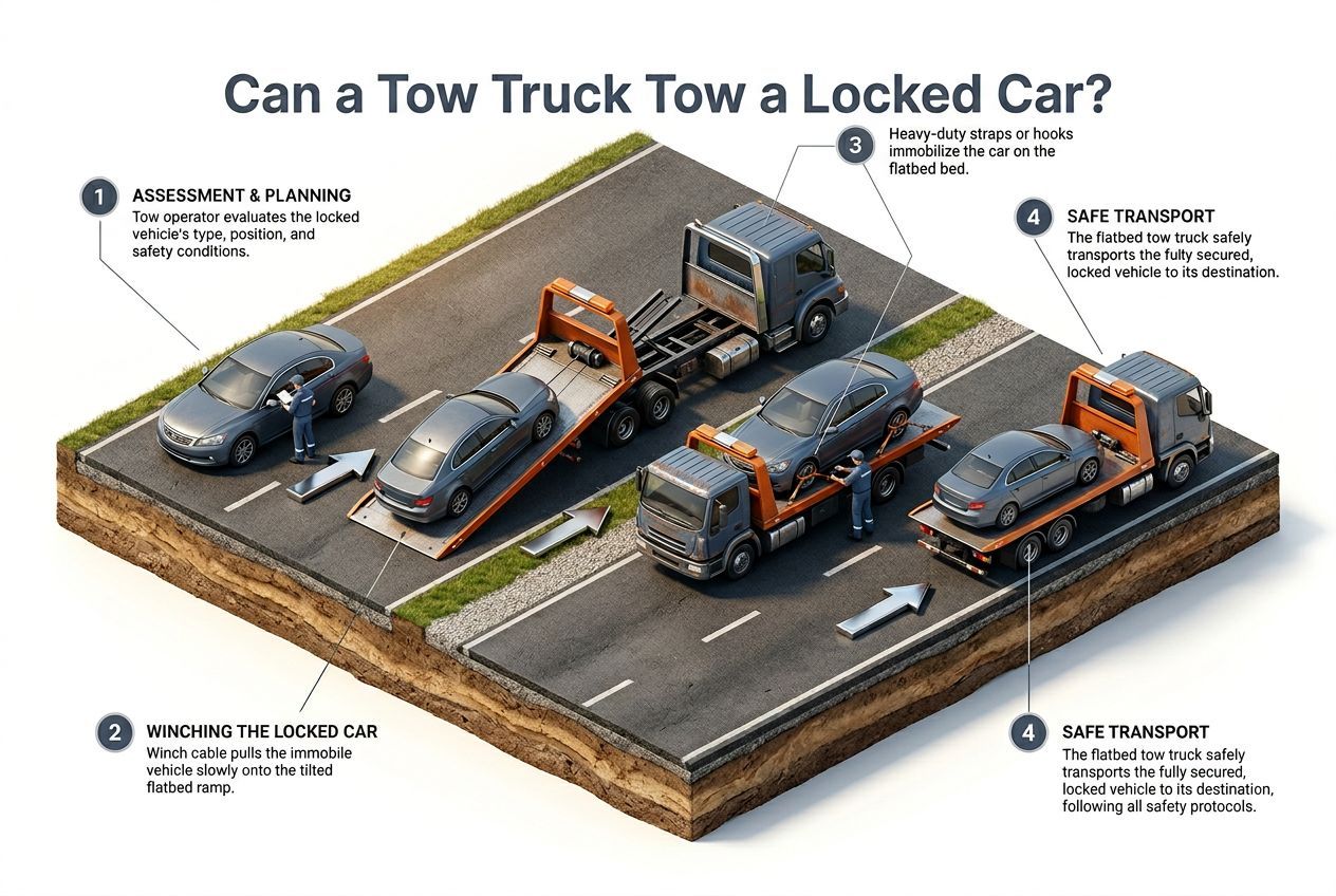 3D step-by-step process visualization for can a tow truck tow a locked car?