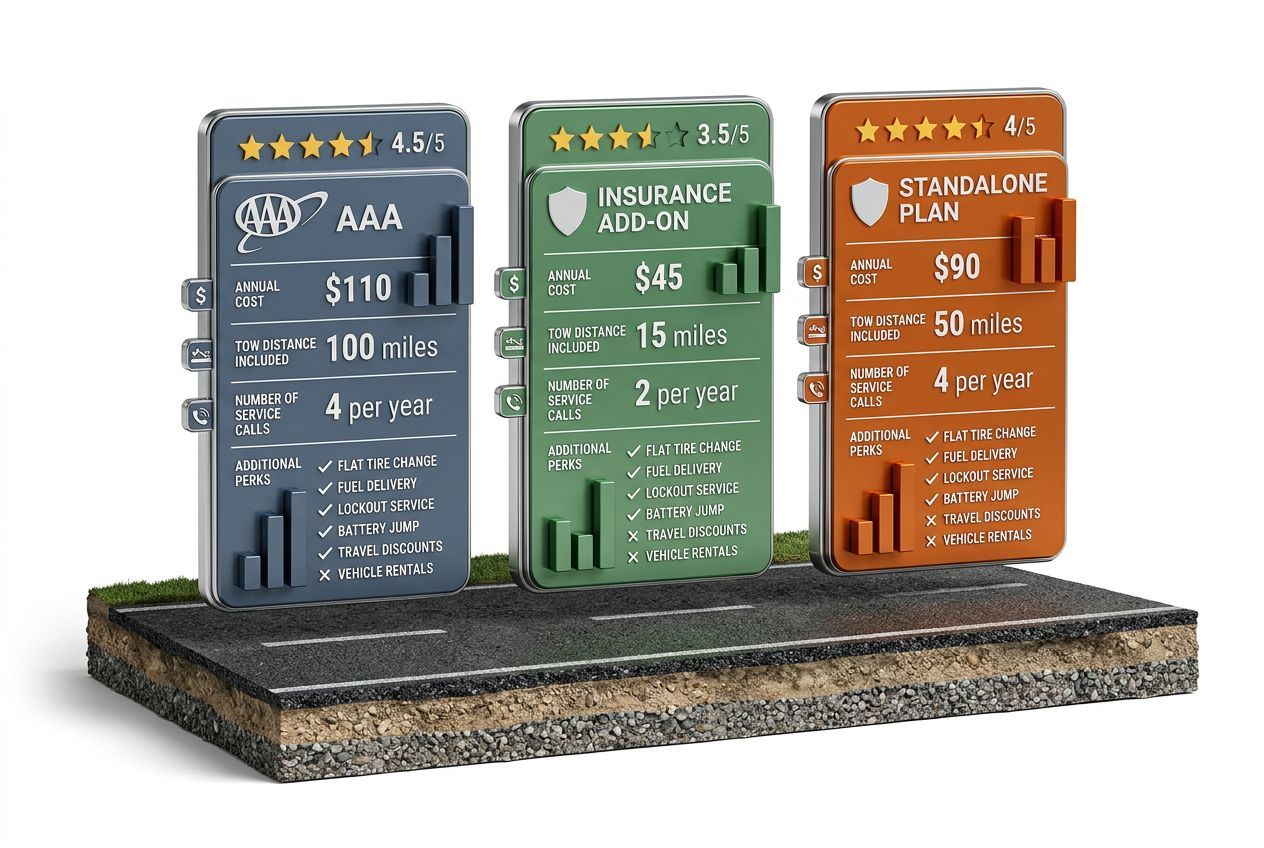 3D comparison cards for roadside assistance providers showing costs and coverage