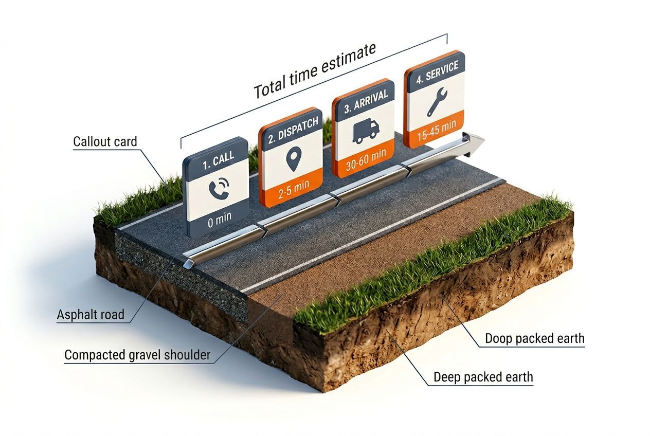 3D timeline showing the roadside assistance process from call to service completion