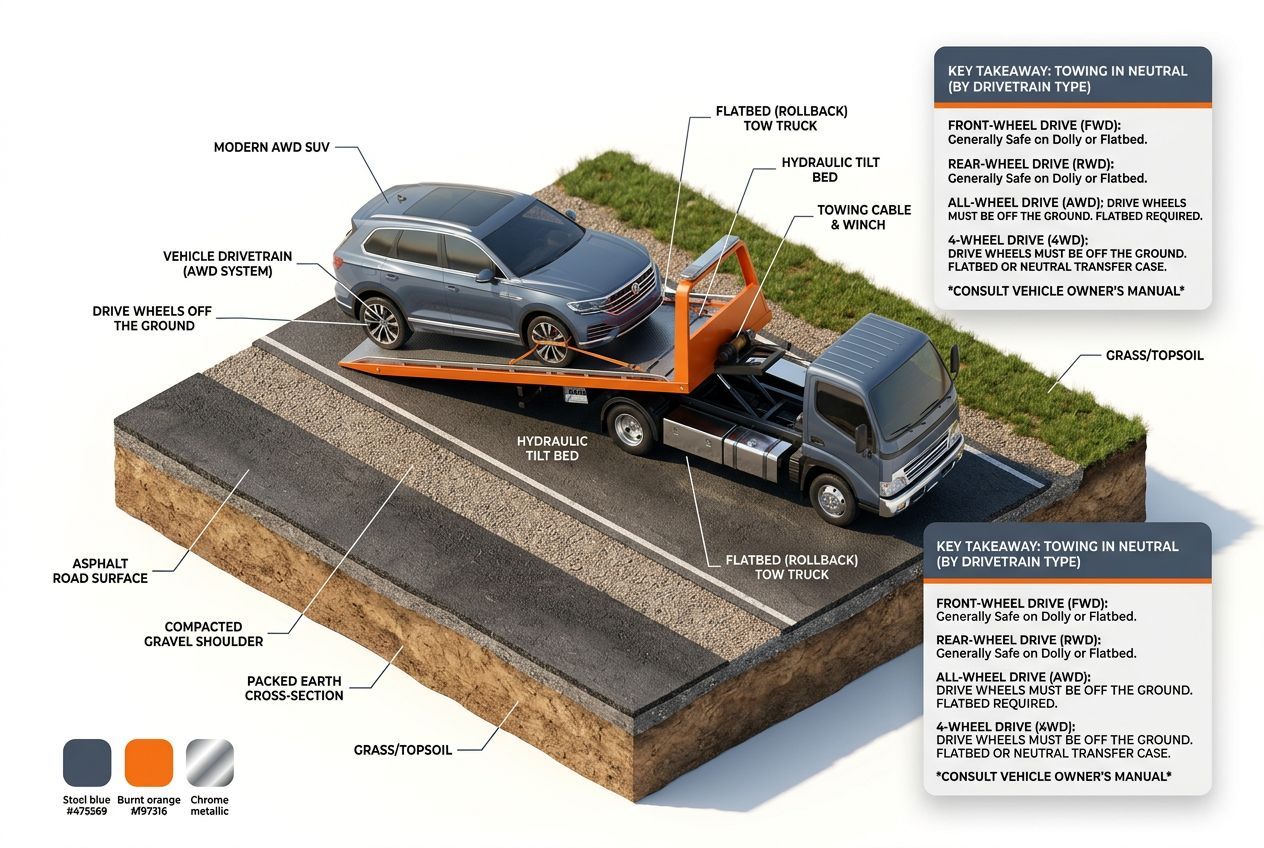 3D isometric overview diagram for can you tow a car in neutral? (by drivetrain type)