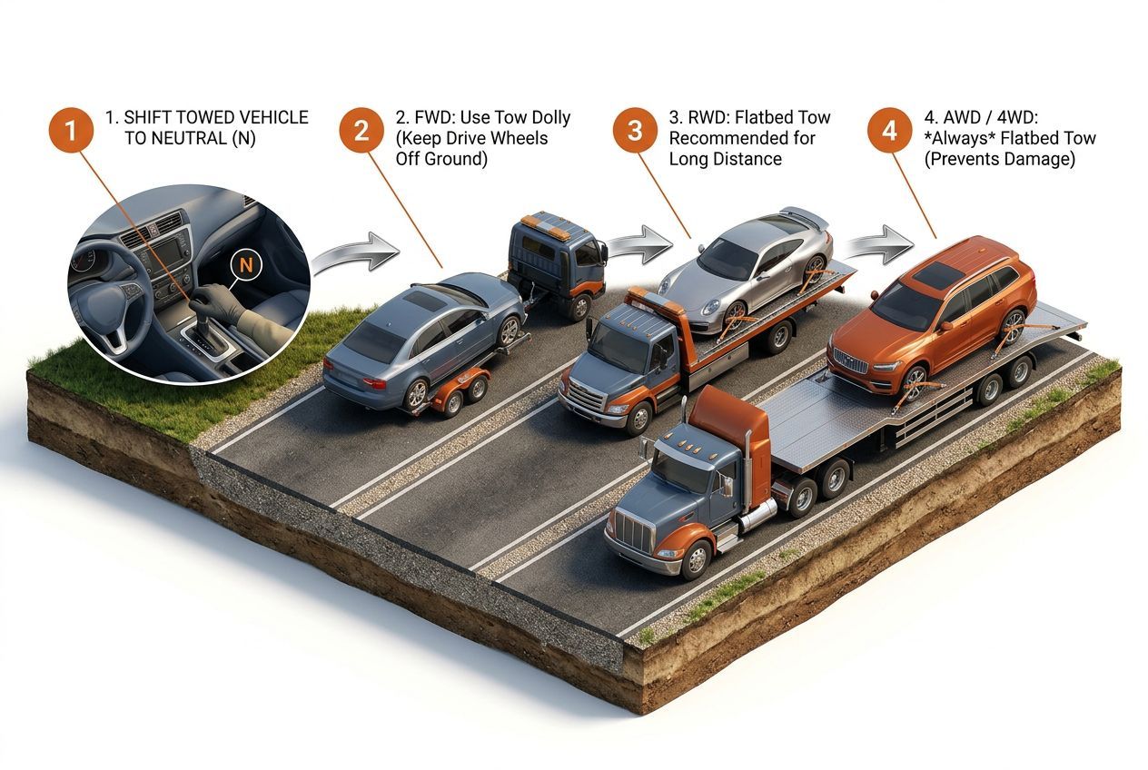 3D step-by-step process visualization for can you tow a car in neutral? (by drivetrain type)