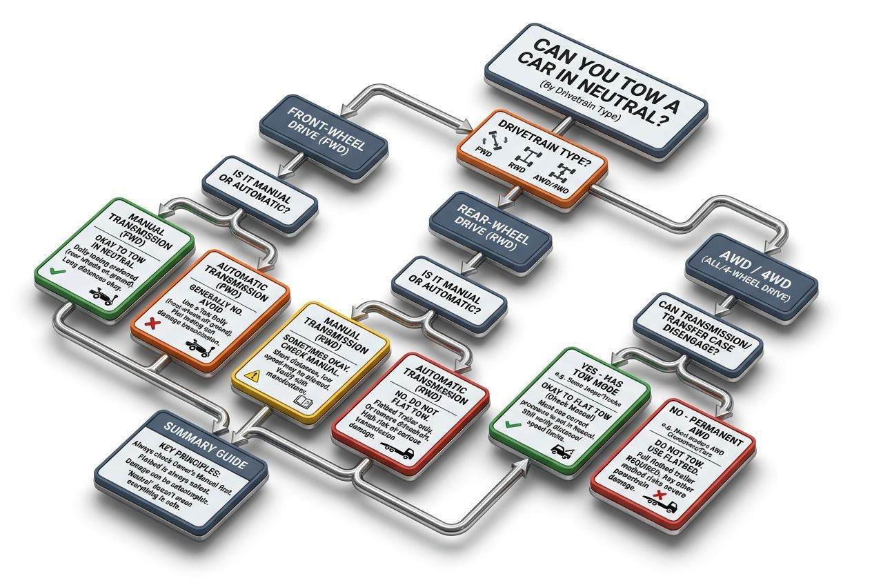 3D flowchart of practical tips and decisions for can you tow a car in neutral? (by drivetrain type)