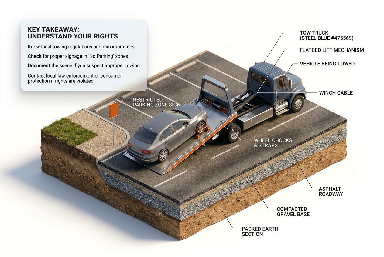 3D isometric overview diagram for nonconsensual towing: your legal rights when towed without permission