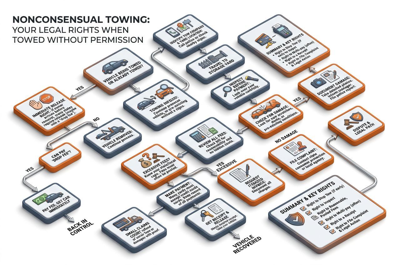 3D flowchart of practical tips and decisions for nonconsensual towing: your legal rights when towed without permission