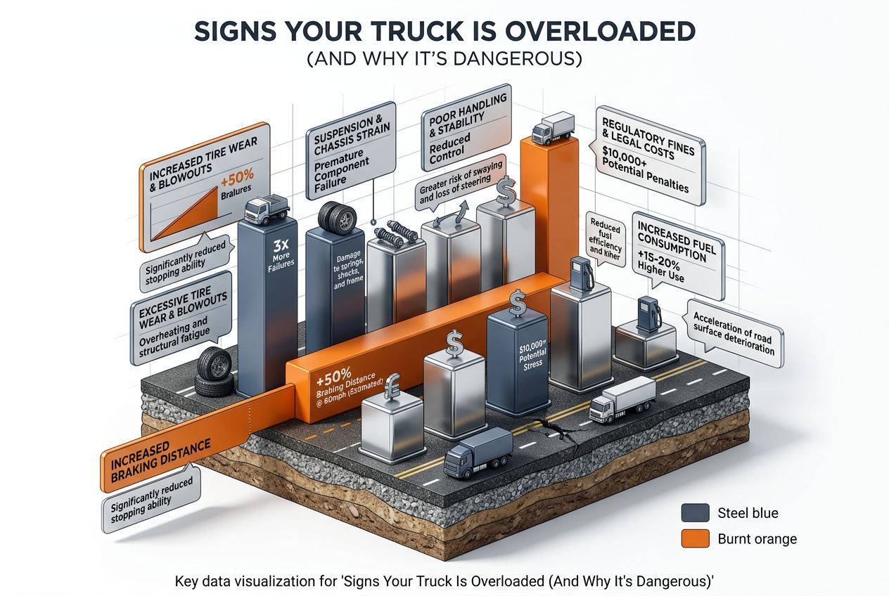 Key overloading risk figures: stopping distance, tire failure, and frame stress data