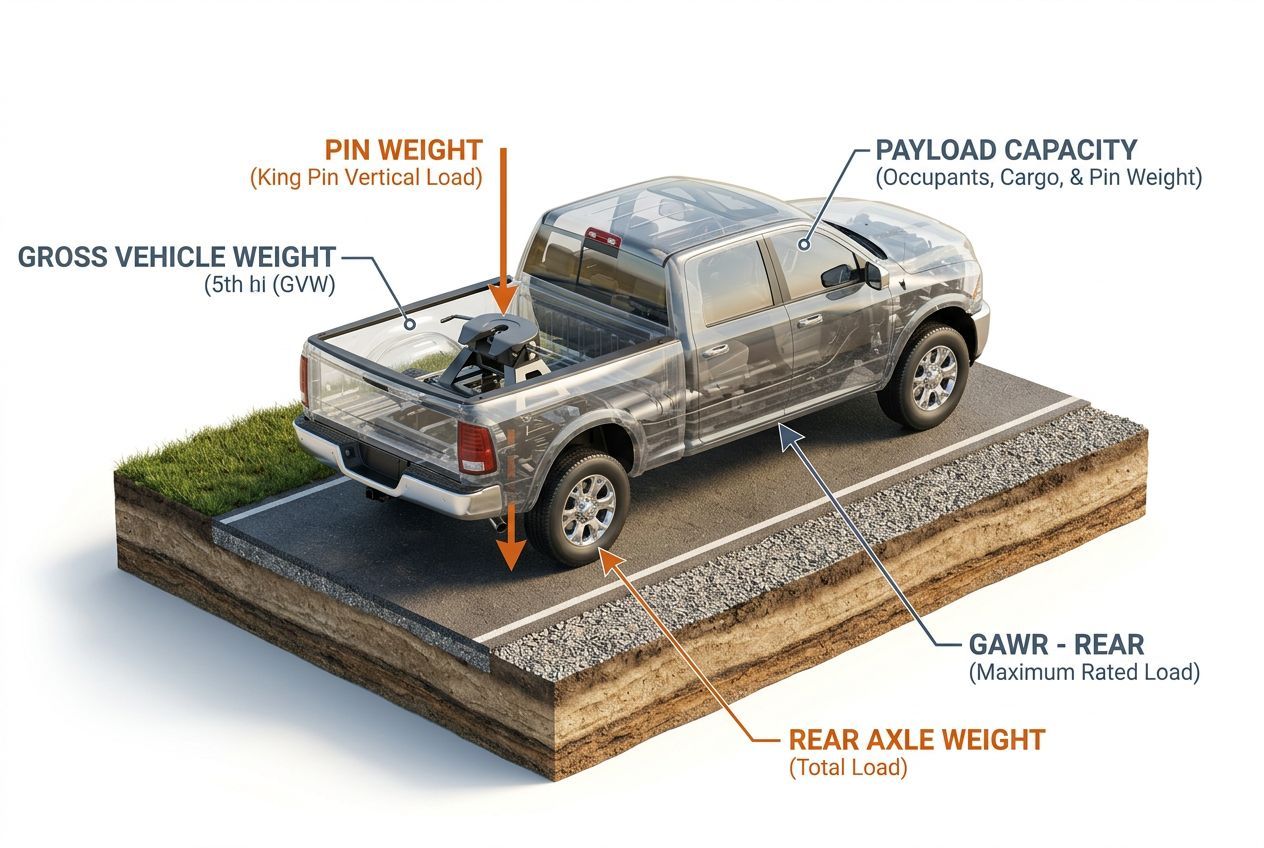 3D educational diagram explaining pin weight explained: 5th wheel & gooseneck weight ratings
