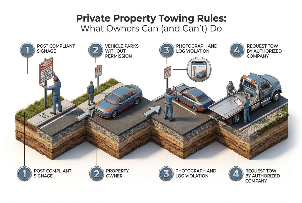 3D step-by-step process visualization for private property towing rules: what owners can (and can't) do