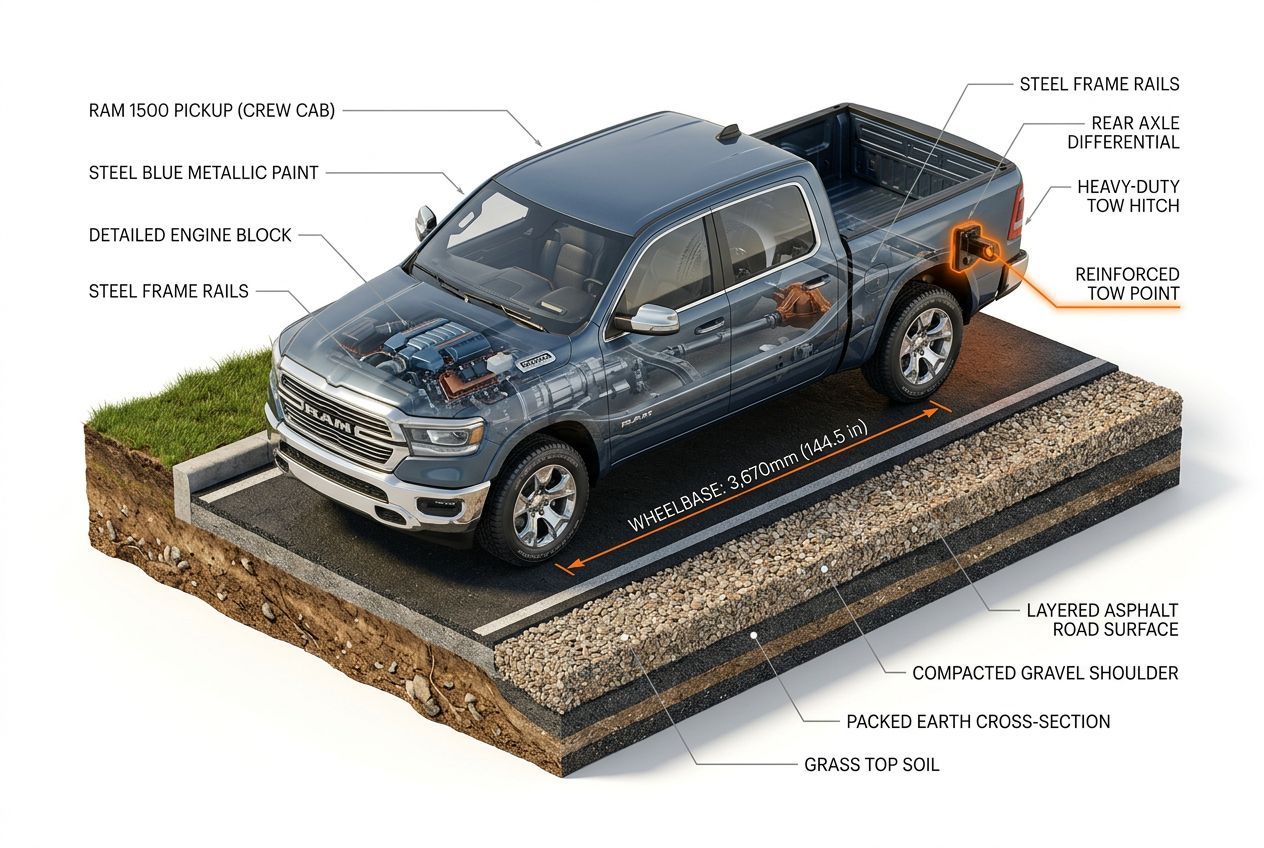 3D isometric cutaway of Ram 1500 showing engine, frame, and tow hitch components