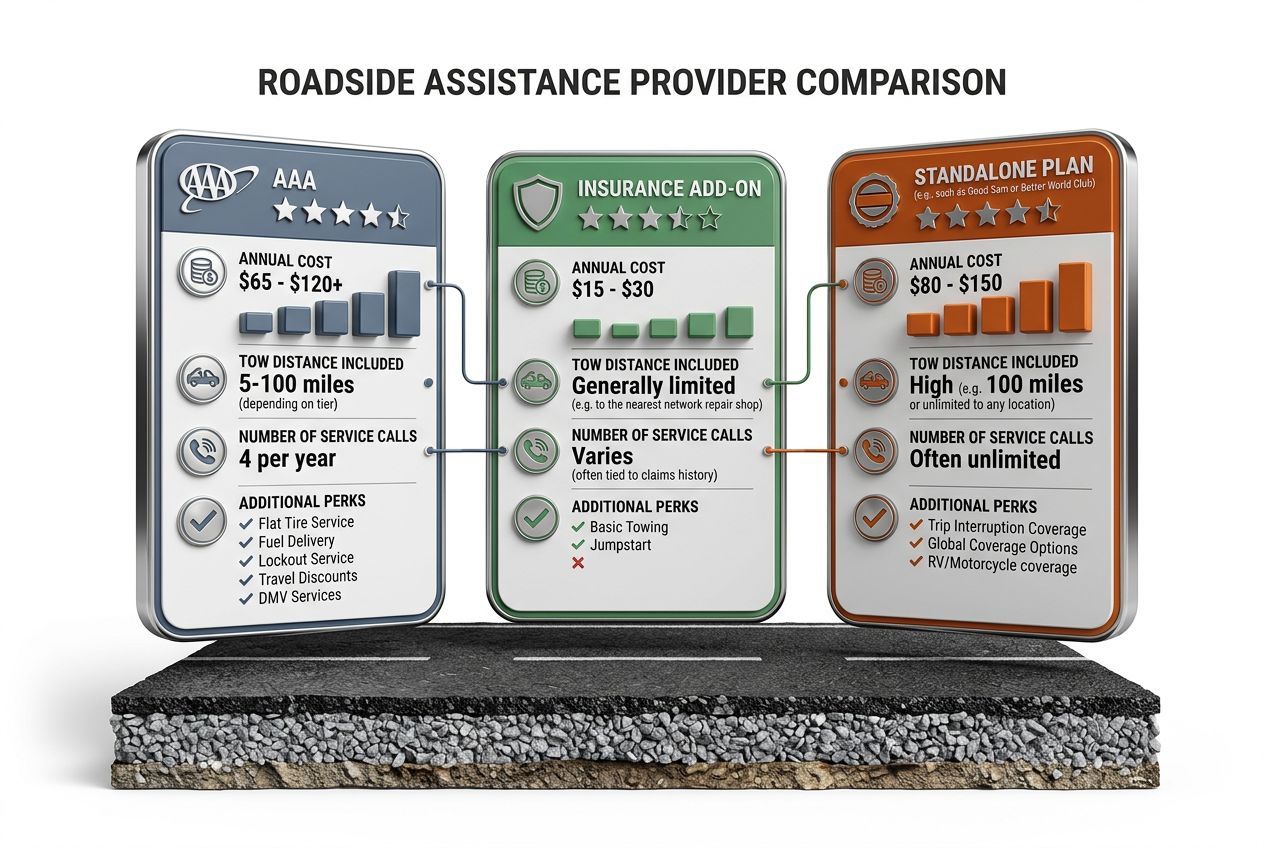3D comparison cards for roadside assistance providers showing costs and coverage