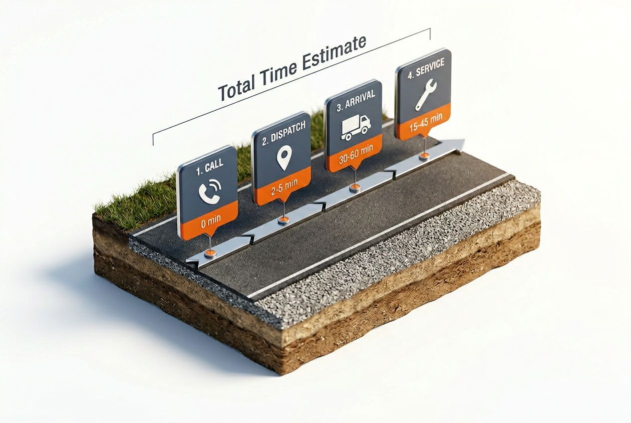 3D timeline showing the roadside assistance process from call to service completion