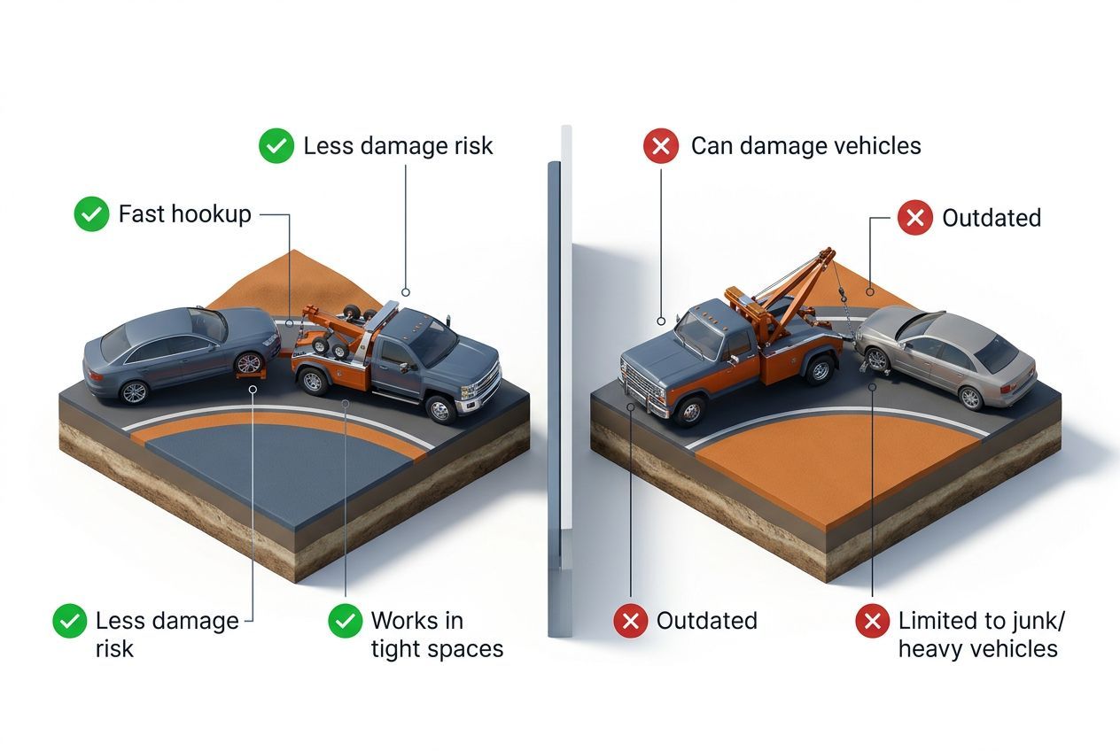 3D comparison of modern wheel-lift versus traditional hook-and-chain towing methods
