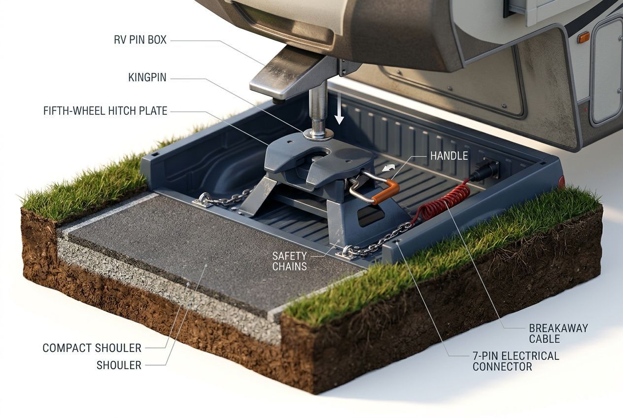 3D detailed view of hitch connection components for RV towing