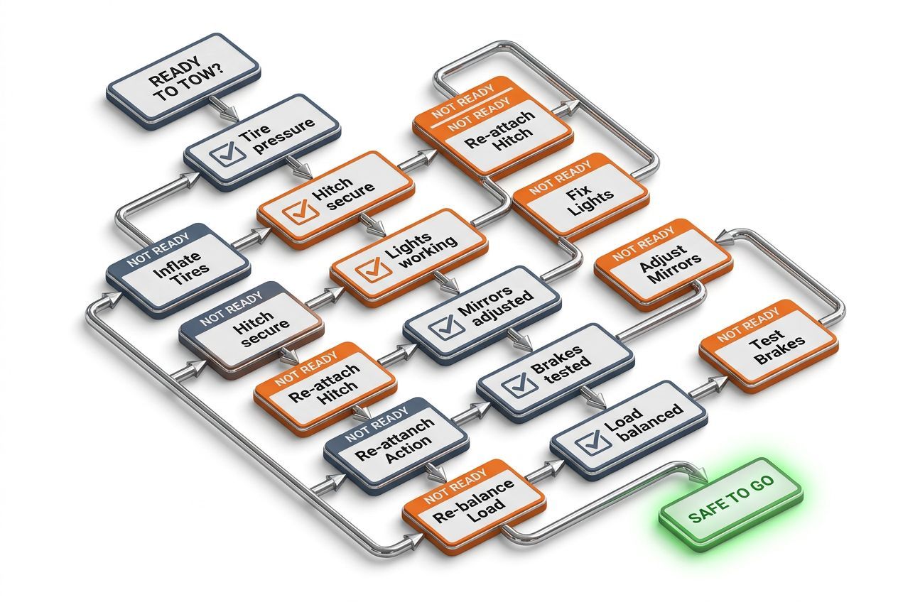 3D flowchart showing pre-trip towing checklist for RV