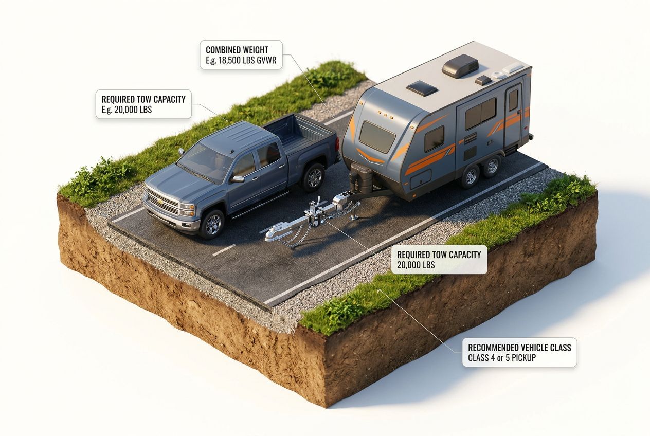 3D isometric scene of a truck towing setup for setting up a toad (dinghy) vehicle behind your rv