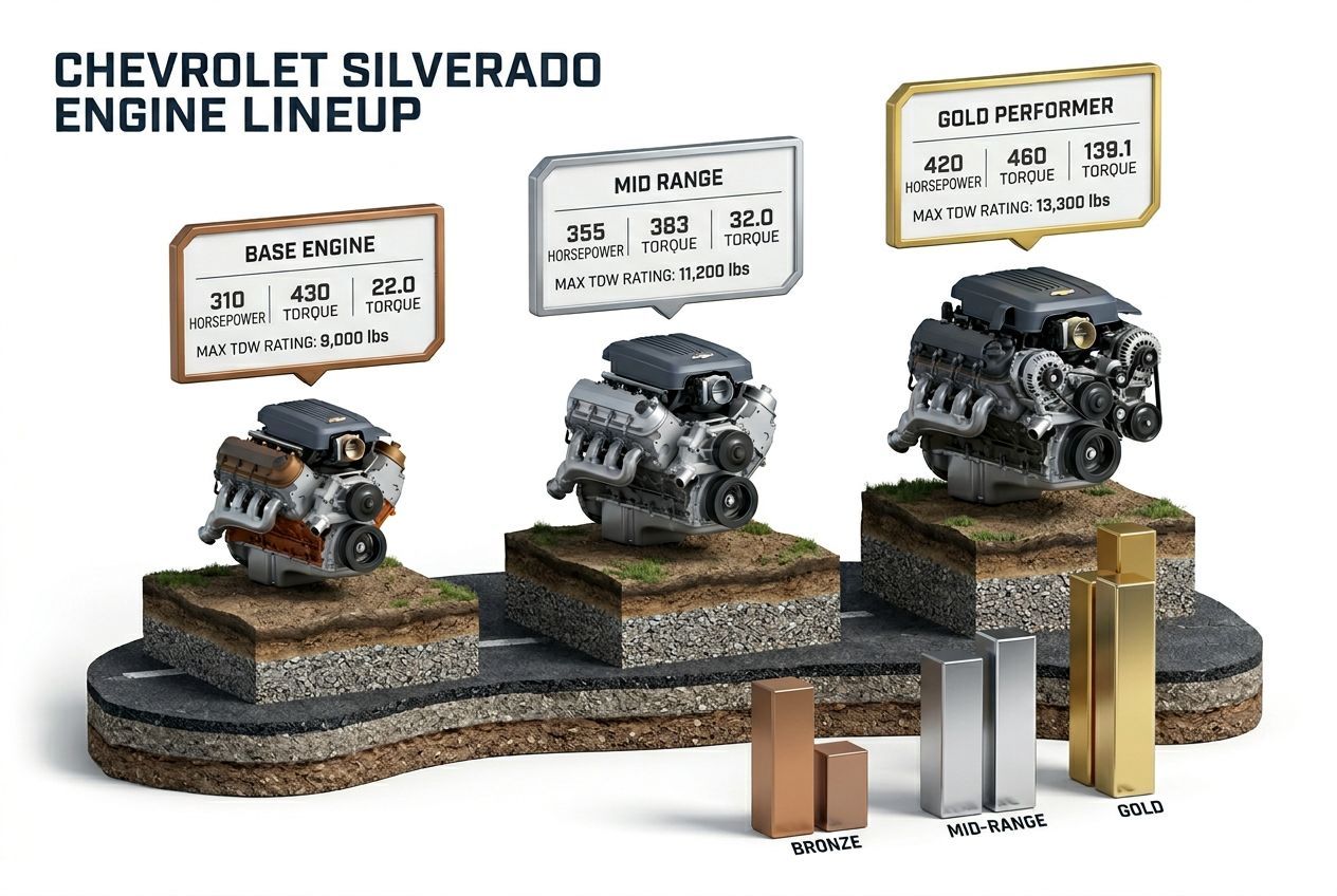 3D data visualization comparing Silverado engine options and towing capacities