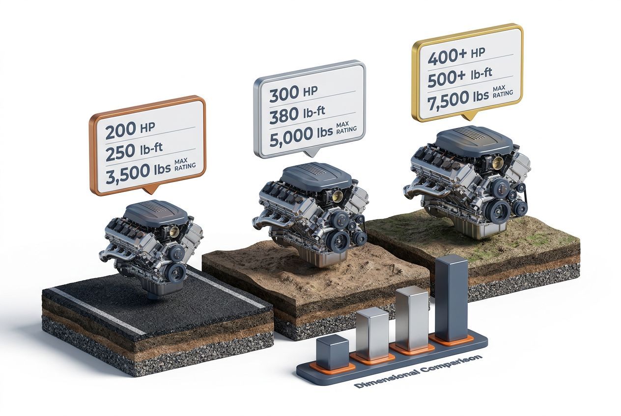 3D data visualization comparing Suv Ranked engine options and towing capacities