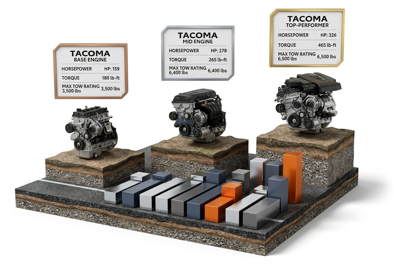 3D data visualization comparing Tacoma engine options and towing capacities