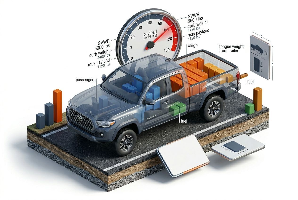 3D payload capacity visualization for Tacoma showing weight distribution and remaining capacity