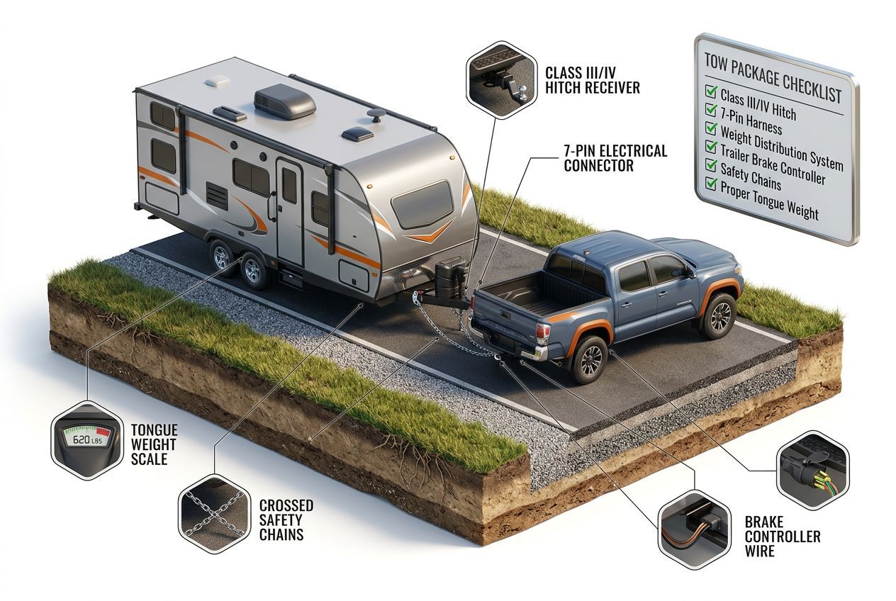 3D diagram showing proper tow setup for Tacoma with hitch components and safety equipment