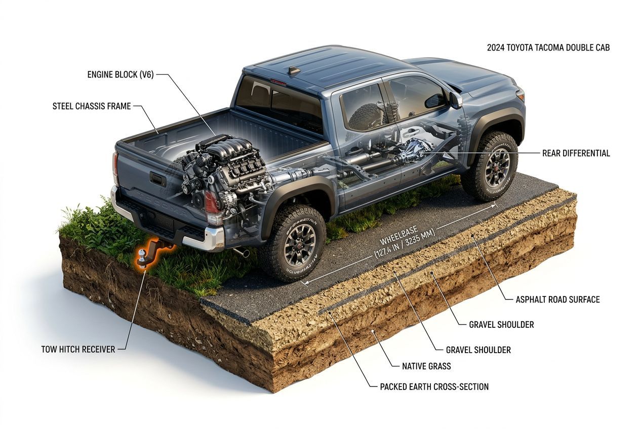 3D isometric cutaway of Tacoma showing engine, frame, and tow hitch components